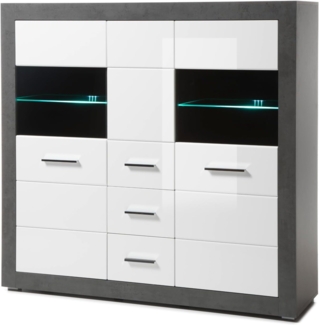 Highboard Briard in weiß Hochglanz und grau Stone  149 x 142 x 42 cm
