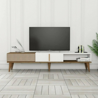 Dmora - Fernsehschrank Aquila, Ständer für Wohnzimmerfernseher, Niedriges Wohnzimmer-Sideboard, TV-Ständerbasis, 180x35h40 cm, Walnuss und Weiß