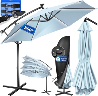 KESSER® Alu Ampelschirm LED Solar + Abdeckung mit Kurbelvorrichtung UV-Schutz Aluminium mit An-/Ausschalter Wasserabweisend - Sonnenschirm Schirm Gartenschirm 300cm, Hellblau