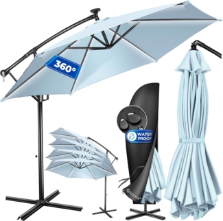 KESSER® Alu Ampelschirm LED Solar + Abdeckung mit Kurbelvorrichtung UV-Schutz Aluminium mit An-/Ausschalter Wasserabweisend - Sonnenschirm Schirm Gartenschirm 300cm, Hellblau