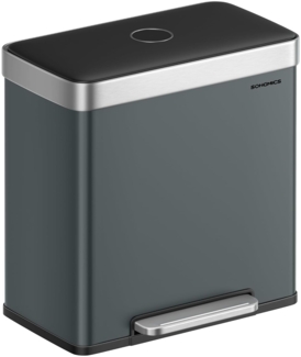 Songmics Mülleimer Küche, 2x30 L, Mülltrennsystem 2 Fächer, 15 Müllsäcke, Abfalleimer Edelstahl, Inneneimer aus Kunststoff, mit Deckel, Softclose, 58,2 x 36,5 x 60,5 cm, grüngrau LTB202G01