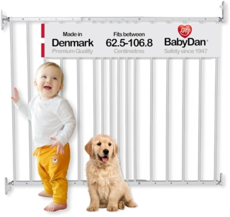 BabyDan Copenhagen Sicherheits- und Treppenschutzgitter, ausziehbar, Metall, für Räume, Weiß, vielseitig einsetzbar, hergestellt in Dänemark, 62,5 cm - 106,8 cm