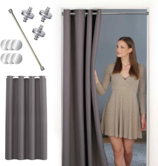 tinycurtains, Türvorhang mit Vorhangstange & Magneten zum Abdichten, einfache Montage ohne Bohren in 1 Min (200 x 150 cm grau + Stange Silber 55-90 cm + 6 Magnete)