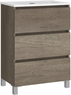 Baikal, Badezimmer-Set Natura mit reduziertem Boden, mit Keramikwaschbecken, Aufteilung mit DREI Schubladen, montiert, DREI Schubladen ohne Spiegel, Tiefe 39 cm, 60 cm Nebraska