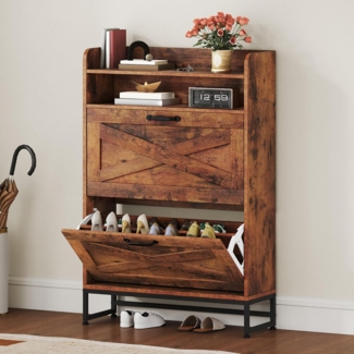 DWVO Schuhschrank mit 2 Klappschubladen & offenen Regalen – Rustikaler brauner Schuhaufbewahrung aus Holz für Flur, Wohnzimmer, Schlafzimmer – schmaler bodenstehender Schuhschrank (24 x 64 x 114 cm)