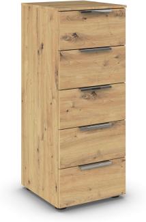 Rauch Möbel Flipp, schmale Hochkommode mit viel Stauraum für Flur, Wohnzimmer, Schlafzimmer, Eiche Artisan, 5 Schubkästen, Griffe chrom, 40 x 100 x 42 cm