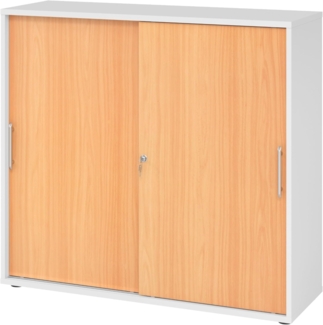 bümö Schiebetürenschrank 3OH - Aktenschrank abschließbar, Sideboard Schrank mit Schiebetüren in Weiß/Buche, Relinggriff - Büroschrank aus Holz mit Schiebetür, Büro Kommode für Ordner & Co, 1753S-W-6-RE