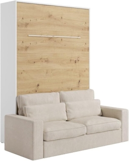 Vente-unique - Schrankbett + Sofa - 140 x 200 cm - Manuelle vertikale Öffnung - Mit LED-Beleuchtung - Weiß & Holzfarben - RAPILI