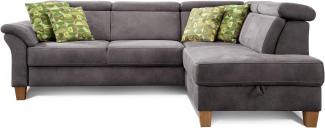 Cavadore Schlafsofa Ammerland mit Ottomane rechts / Federkern-Sofa im Landhausstil mit verstellbaren Kopfstützen, Bett und Bettkasten / 245 x 84 x 194 / Lederoptik dunkelgrau