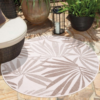 carpet city In- & Outdoor-Teppich Beige, Creme - Wendeteppich - 160 cm Rund - Florales Muster - Wetterbeständig für Balkon, Terrasse - Teppiche Modern Indoor Wohnzimmer, Küche