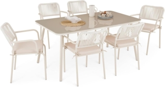 IDIMEX Garten-Essgruppe VOLONTE, Sitzgruppe 6 Stühle mit Kissen & Tisch mit Glasplatte wetterfest beige