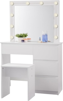 EUGAD Schminktisch mit Beleuchtung, Spiegel, 4 Schubladen, Hocker, Kosmetiktisch für Schlafzimmer, Holz weiß, 40 x 140 x 90 cm