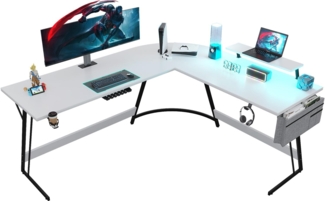 JUMMICO Gaming Tisch 160cm mit LED und Monitorständer,Eckschreibtisch mit Tasche Stauraum,Groß L-förmiger Schreibtisch Pc Ecktisch mit Kabelmanagement,Tassenhalter und Kopfhörerhaken,Weiß
