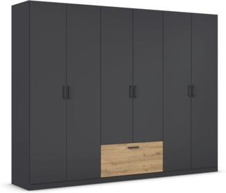 Rauch Möbel Bari, Drehtürenschrank, 6-türig, Farbe Grau-metallic/Eiche Artisan, Schwarz, Holz, 1 Schublade, Griffe Grau metallic, 271 x 210 x 54 cm