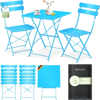 KESSER® Bistroset 3-teilig mit Bistrotisch & 2 Klappbaren Stühlen | Gartenmöbel-Set Outdoor Sitzgruppe | UV & wetterbeständig Gartentisch | Balkonset bestehend aus Klapptisch & 2x Klappstühlen & Cover Hellblau