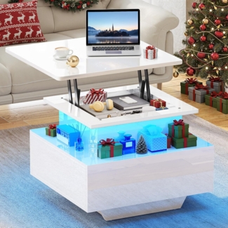 YITAHOME Couchtisch Höhenverstellbar mit LED Beleuchtung Modern, 60 x 60 x 45 cm, Wohnzimmertisch Hochglanz mit Offenem Ausstellungsregal und 2 Schubladen