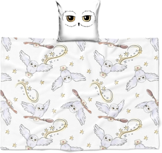 Kinderdecke Harry Potter, 2-in-1 Set, Kissenbezug und Flauschdecke, Eule Hedwig, MTOnlinehandel, Fanartikel flauschig, weich & kuschelig, weiß
