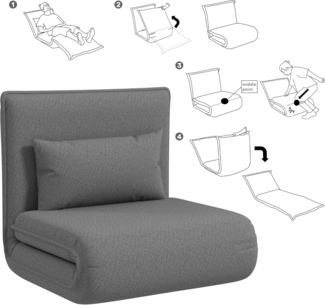 HOMCOM Relaxsessel 3-in-1 Klappbar, Gepolstert, mit Schlaffunktion, bis 150 kg belastbar (Bodensofa, 1-St, Schlafsofa), für Schlafzimmer, Wohnzimmer, Dunkelgrau