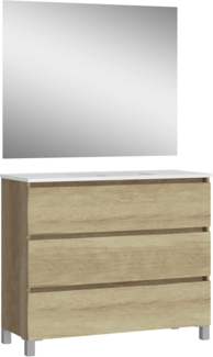 Baikal, Natura Badezimmerschrank mit reduziertem Boden, mit Keramikwaschbecken, DREI Schubladen, montierter Schrank, DREI Schubladen mit Spiegel, Boden 39 cm, 100 cm Nature