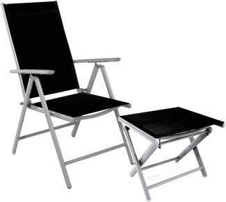 Garten Klappstuhl Aluminium - Textilen Silbergrau/Schwarz + Fußhocker Silber/Schwarz