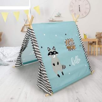 Spielzelt für Kinder mit zwei Türen und einem Fenster 117 x 108 x 105 cm türkis mit Waschbär Motiv aus Polyester