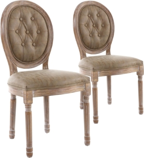 Louis XVI Set mit 2 Medaillon Stühlen, Patiniertes Holz & Gepolstertes Kunstleder Taupe