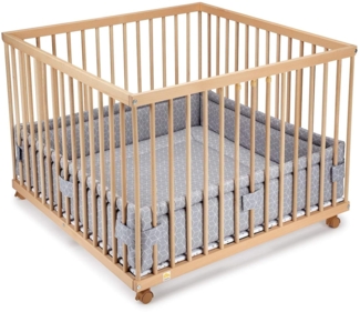 FabiMax Baby Laufgitter 100x100 Natur, stufenlos höhenverstellbar, mit Schlupfsprossen, Laufstall aus massivem Buchenholz (Graue Würfel)