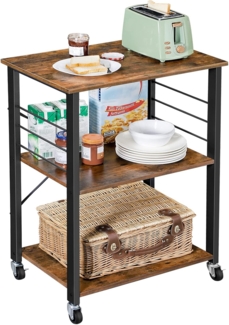 Vasagle Küchenregal auf Rollen, Servierwagen mit 3 Regalböden, Mikrowellenregal, für Minibackofen, Toaster, Wasserkocher, Metall, mit 6 Haken, Industrie-Design, 40 x 60 x 82,5 cm (T x B x H), Vintagebraun-Schwarz von Songmics