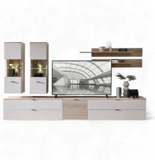 Stella Trading INA Wohnwand Komplett-Set in Kaschmir, Riva Eiche Optik FSC-Zertifiziert - Moderne Schrankwand 7-teilig mit LED-Beleuchtung für Ihr Wohnzimmer - 340 x 185 x 44 cm (B/H/T)