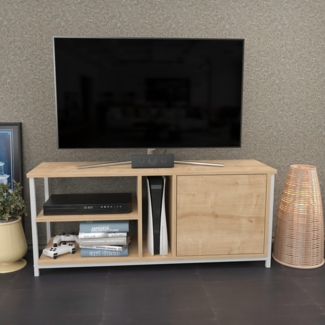 Hanah Home Scandinavian TV Stand, White & Oak, 120 x 35.3 x 50.8 cm | 100% Melamine Coated Particle Board, 18 mm Thick | Stylish & Functional for Modern Living Rooms