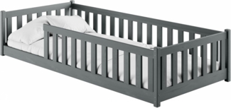 Kids Collective Kinderbett Bodenbett Bett mit Rausfallschutz & Lattenrost Montessori Bett Kinder (weitere Größen 80x180, 90x190, 90x200, 120x200, 140x200 cm), Jugendbett Einzelbett mit Matratze Graphit Kiefer 80x160 cm