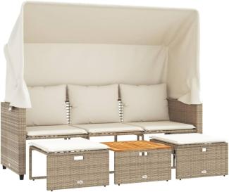 Outdoor-Sofa 3-Sitzer mit Dach und Hockern Beige Poly Rattan