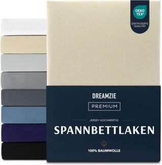 Dreamzie Premium Spannbettlaken 200x200 cm, Spannbetttuch für Dicke Matratzen bis zu 27 cm, Bettlaken 100% Jersey Baumwolle, 150 g/m², Oeko-TEX zertifiziert - Beige