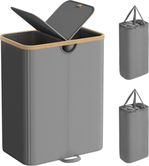 SONGMICS Wäschekorb 2 Fächer, Wäschesammler, 150 Liter, Wäschesortierer mit Deckel, Wäschetonne, Wäschesäcke herausnehmbar, für Waschküche, Schlafzimmer, Wohnzimmer, schiefergrau-naturbeige