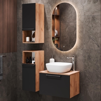 Planetmöbel Badmöbel-Set Astra, (Badezimmer Möbel im modernen Design, 5-St), Waschtisch und Waschbecken weiß mit Spiegel & 2x Midischrank