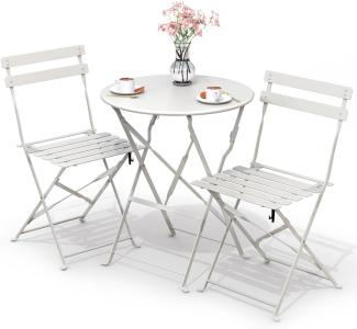 VOUNOT Bistroset 3-teilig, Klappbar Bistrotisch mit 2 Stühlen, Gartenmöbel Set Balkonset Gartengarnitur, Sitzgruppe Metall, Bistro Set Outdoor, Weiß