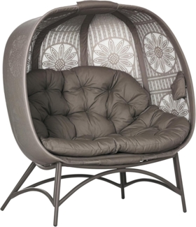 Outsunny Gartenstuhl Gartenstuhl 2-Sitzer, mit Faltbarem Korb, mit Kissen, Loungesessel (Papasansessel, 1 St), Für Balkon, Terrasse, Stahl, Sand, 126 x 75 x 142 cm