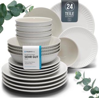 Steingut Geschirrset 6 Personen Hygge 24 tlg. TESTSIEGER, Traumhaftes Skandinavisches Steingut Geschirr Set, Schüssel- und Teller Set, Tafelservice 6 Personen, Geschirrsets Pure Living in Hellgrau