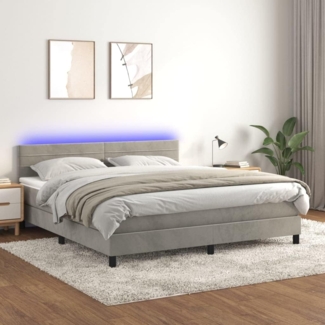 vidaXL Boxspringbett mit Matratze & LED Hellgrau 160x200 cm Samt 3134471