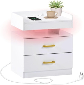FurnitureR LED Nachttisch, 45 x 35 x 52 cm, Hochglanz Weiß, 2 Schubladen, 16 Farben LED-Beleuchtung, 2 Ladestecker und 2 USB-Buchsen, für Schlafzimmer, Wohnzimmer, Arbeitszimmer