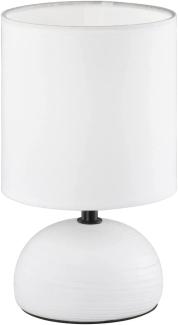 LED Tischleuchte Keramik Weiß runder Stofflampenschirm in Weiß, Höhe 23cm