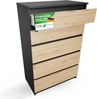 CDF Kommode Malwa M5 | Farbe: Anthrazit - Eiche Artisan | Schrank für Dokumente, Kleinigkeiten | Ideal für Wohnzimmer, Schlafzimmer, Kinderzimmer, Jugendzimmer und Büro | 5 geräumige Schubladen