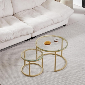GrandCA HOME Couchtisch 2er Set,Stapelbarer Couchtisch, Couchtische Rund, Gehärtete Glasplatte, Vergoldete Metallbeine，Geeignet für Wohnzimmer, Esszimmer, Café（Ø60x45H cm，Ø40x35H cm）