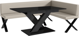 MEBLINI Eckbank für Esszimmer mit ausziehbarem Tisch - Küchenbank - Essecke - Sitzecke Küche - TONI - X-Beine 142x196x87cm Rechts - Beige Kunstleder/B Schwarz Hochgl.