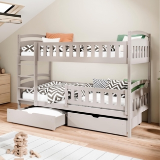 Kids Collective Etagenbett Hochbett Kinderbett 80x180 90x200 umbaubar in zwei Einzelbetten, 90x200 cm mit zwei Schubladen Lattenrost Rausfallschutz Kaschmir