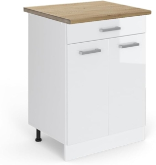 Vicco Küchenunterschrank R-Line, Weiß Hochglanz/Weiß, 60 cm mit Schublade, AP Eiche