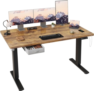 JUMMICO Höhenverstellbarer elektrischer Stehtisch 160x80 cm mit Schublade und Haken Höhenverstellbarer Sitz-Steh-Tisch mit stabilem Stahlrahmen, Rustikales Braun