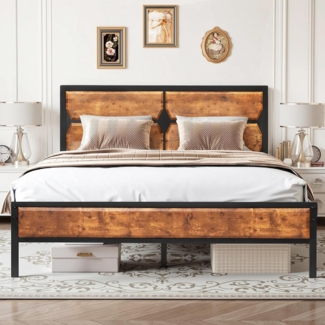 VECELO Bettgestell 140x200 cm, Metallbett mit Dick Holzkopfteil und Lattenrost, Doppelbett mit Stauraum unter dem Bett, perfekt für Schlafzimmer,Vintage Braun