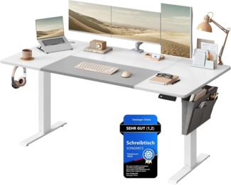 Songmics elektrisch höhenverstellbarer Schreibtisch mit Stofftasche, Stahl weiß-Taubengrau, 160x70 x (72-120) cm