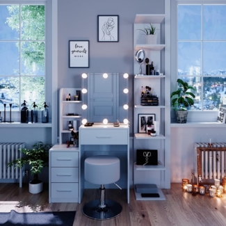 Vicco Schminktisch Weiß 80 cm mit LED Beleuchtung und Hocker, Conrada